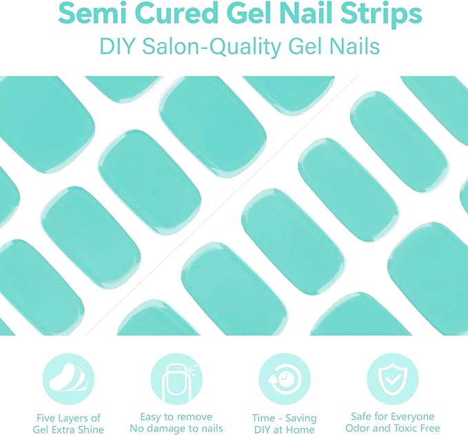 Semi Cured Gel Nail Art Wraps-Salon Look Easy Peel Press On Nails,Semi Gel Natural Look, Easy Apply & Remove,Strong Hold Fake Nails,Works with Any UV/LED Lamps(Greenish Blue)