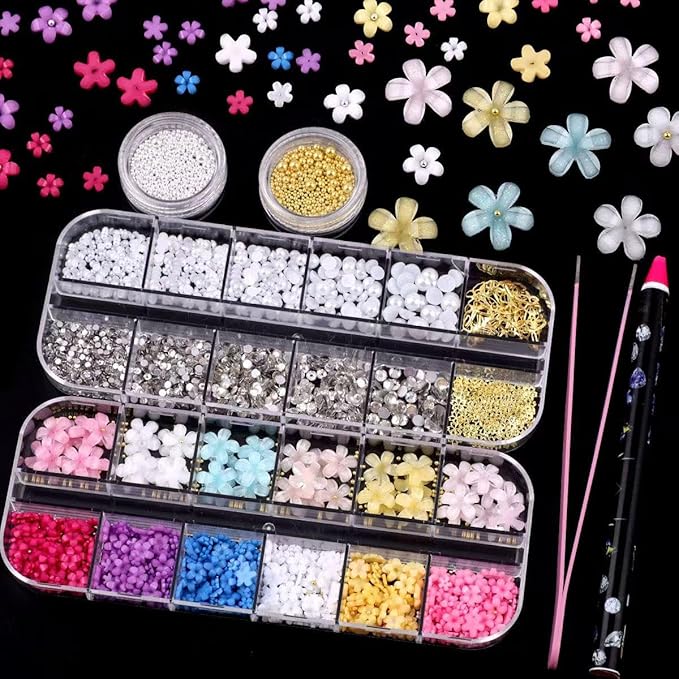 3D Colorful Flowers Nails Art Charms and Flower Nail Art Stickers 4 BoxesNail Rhinestones for Nail Art, Pearl Nail Charms and Silver Gold Caviar Beads for Nails