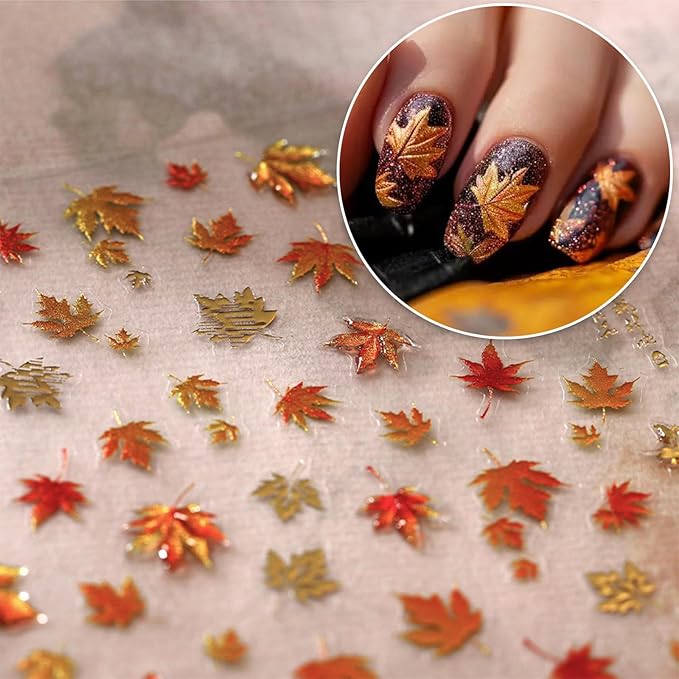 5D Embossed Jelly Maple Leaf Autumn Nail Art Sticker Gold-Stamped Autumn Leaf Nail Decal Fiery Red Maple Leaf Design Autumn Thanksgiving Sticker Women's Nail Art Decoration
