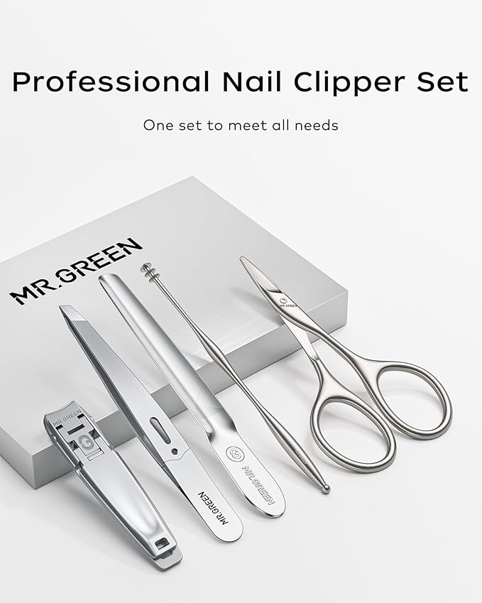 MR.GREEN Nail Clippers, 5PCS Nail Clipper Set with Ultra-Thin Fingernail Clippers,Nail File, Tweezers, Scissors, Professional Manicure Set for Men and Women, Nail Cutter with Leather Case (Blue)