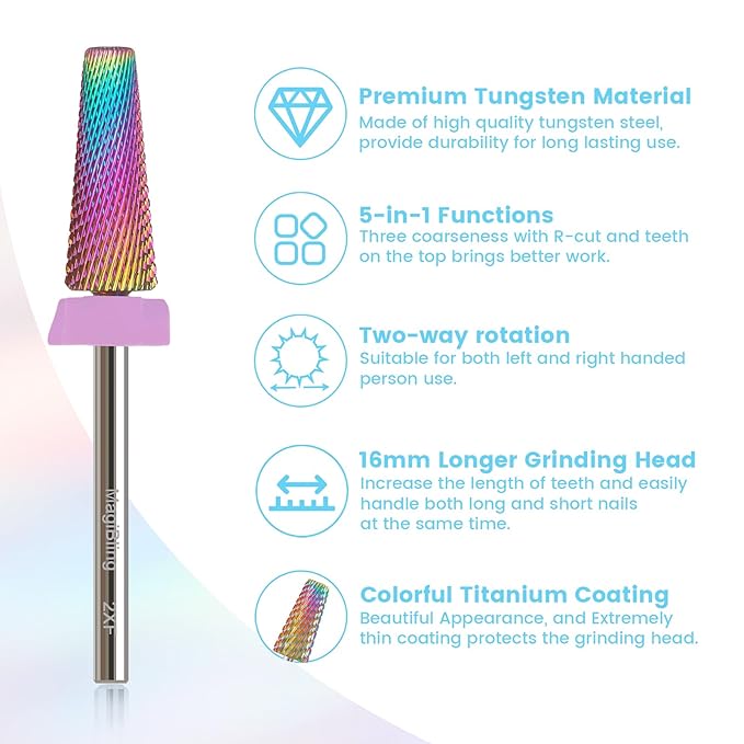 2xf 5 in 1 Nail Drill Bits, 16mm Tapered 3/32'' Professional Tungsten Carbide Bits for Efile, 2 Rotation for Electric Drill, Remove Thin Gel, Manicure Cuticle Gel Polishing, Techs Bits, Double Fine