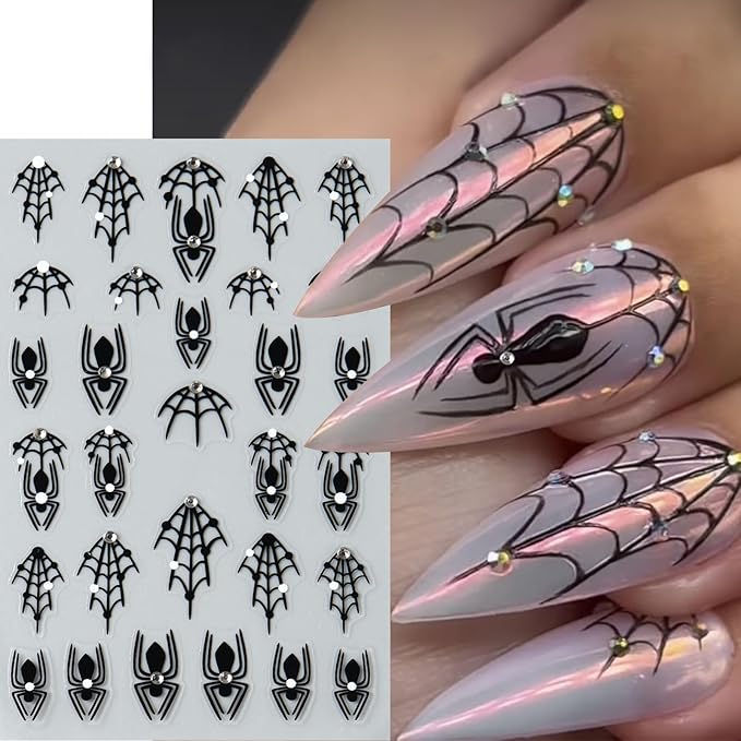 Halloween Nail Stickers Spider Web 5D Embossed Self-Adhesive Nail Decals with Rhinestones Cute Black Bow-Knot Spider Web Pattern Nail Art Designs for Halloween Party DIY Manicure Decorations 3 Sheets