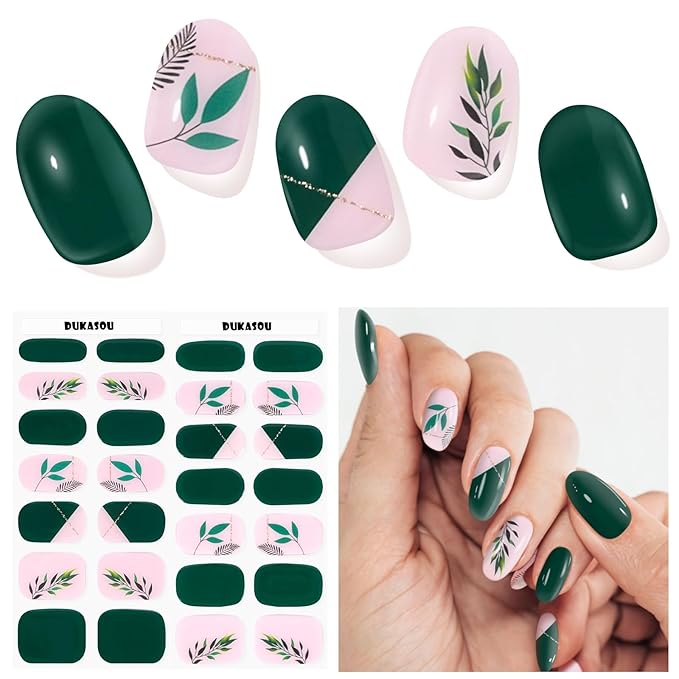 Semi Cured Gel Nail Strips, Grass Green | 28 pcs Gel Nail Strips Work with Any UV Lamp, Salon Quality UV Nails Stickers, Easy to Apply for Home Nails DIY