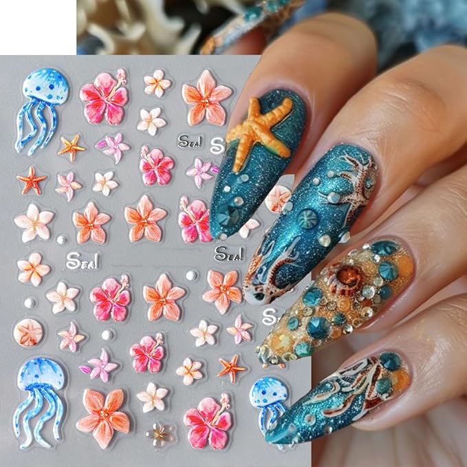 Summer Flower Nail Art Stickers Decals Jellyfish 5D Embossed Nail Decals 2PCS Flowers Starfish Jelly Design Summer Nails Adhesive Sliders Flower Sticker for Nails Women DIY Manicure Decorations Supply