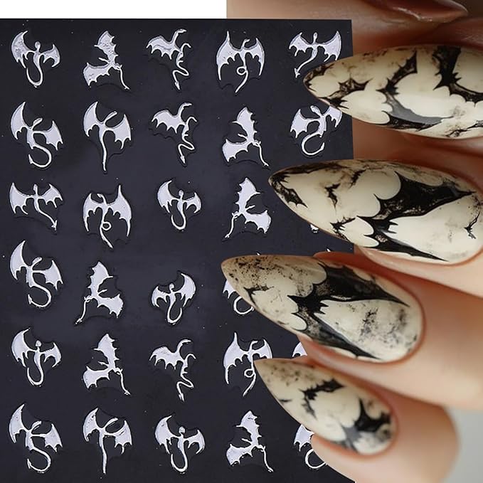 6 Sheets Halloween Bat Nail Stickers for Nail Art Glitter Laser Gold Silver Nail Decals 3D Self-Adhesive Gothic Dragon Nail Design Stickers Holiday Nail Art Supplies for Women DIY Women