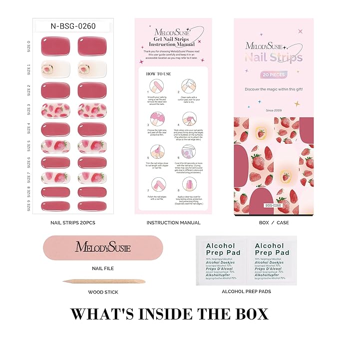MelodySusie Pink Strawberry Semi Cured Gel Nail Strips, 20 PCS Gel Nail Stickers, UV Light Required, Durable & Salon Quality