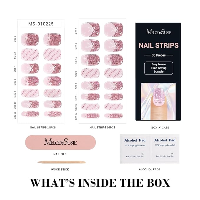 MelodySusie 30PCS Semi Cured Gel Nail Strips (Sweetie Pink Glitter), Works with Nail lamp, Salon Quality, Long Lasting, Easy to Apply and Remove, Includes 2 Prep Pads, Nail File and Wooden Stick