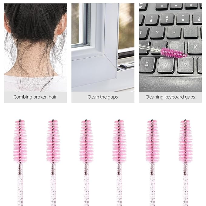 500 Pieces Eyelashes/Eyebrows Brushes, 10CM Lash Removal Cleaning Tools, Crystal Handle, Makeup Tools Mascara Wands(Simple Packaging)-(Crystal Pink)