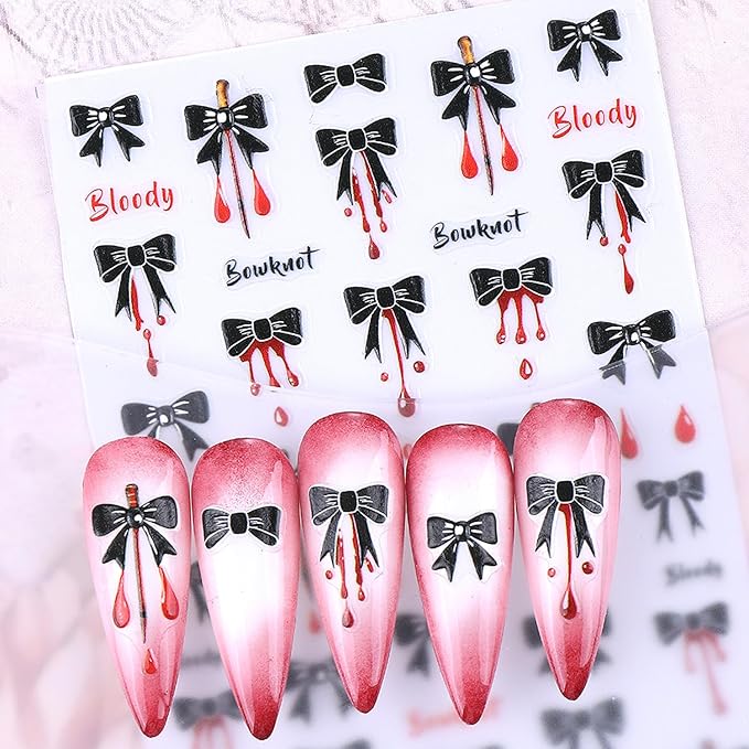 2Sheets Halloween Nail Art Stickers 3D Embossed Black Bow Spider Web Nail Decals with Rhinestones Design Nail Sticker Self Adhesive Bows Blood Drop Textured Nail Decal for Women DIY Nails Decor Supply