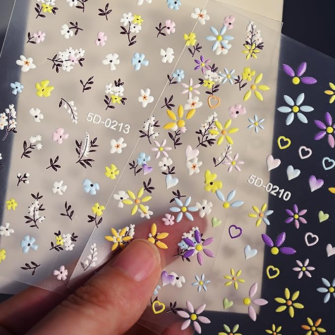 Stickers para Uñas Nail Stickers Self-Adhesive Sticker para Uñas Colorful 3D Flower Embossed Calcomanías Stickers Art Design Accessories Hight Quality 8 Sheets