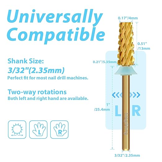Tungsten Carbide Cross Cut Small Tapered Barrel Nail Drill Bits, Professional 3/32'' Safety Bits, Both Hands Use, Remove Gel Fast, Manicure Pedicure Cuticle Gel Polishing, Quadruple Coarse.