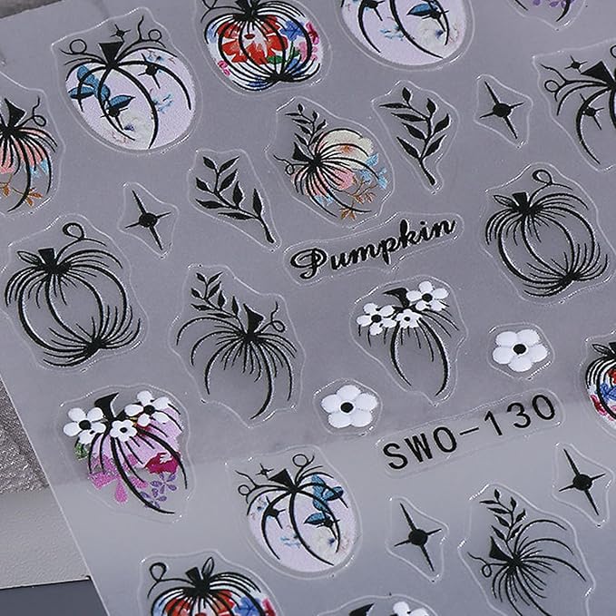 2Sheets Halloween Nail Art Stickers Decals 3D Black Pumpkin Leaf Designs Nail Stickers Self-Adhesive Colorful Flower Nail Decal Pumpkin Star Nail Sticker for Women DIY Manicure Decoration Supplies