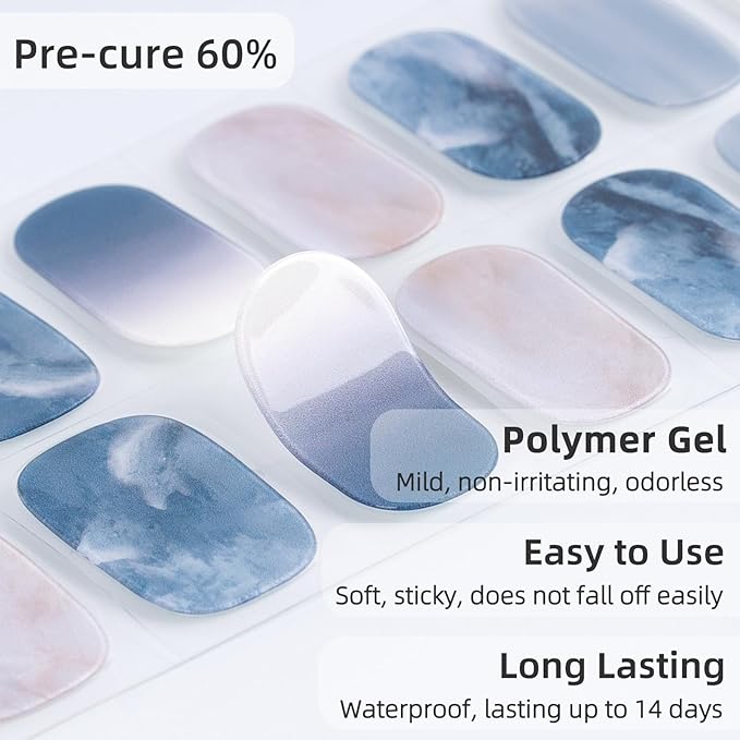 Semi Cured Gel Nail Strips, 28 pcs UV Gel Nail Stickers for Women Work with Any UV Light, Long Lasting Nails Strips for Home DIY Nails (Dreamy Waves)