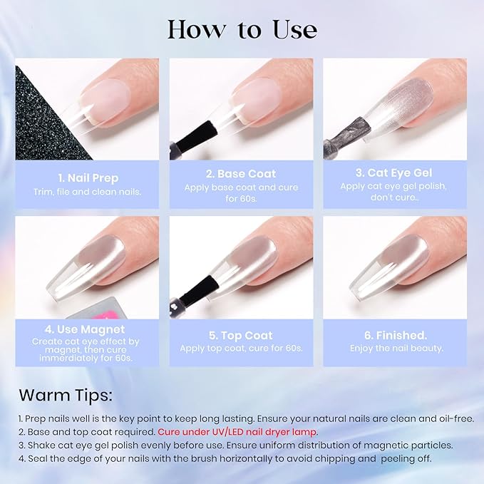 MIZHSE Cat Eye Gel Nail Polish: 8 Colors Ceramic Magnetic Gel Polish Set with Magnet Stick, Crystal Glass Pink Green Blue Spring Colors Smoothie Nail Gel Soak Off UV/LED Nail Art Salon Home Gift