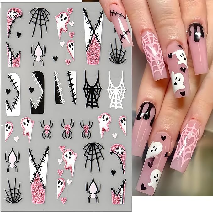Halloween Nail Art Stickers, Cute Ghost Nail Art Decals 3D Self-Adhesive Spider Bat Pumpkin Cat Skull Spider Web Nail Design 6PCS Halloween Nail Art Supplies for Women Nail Decoration