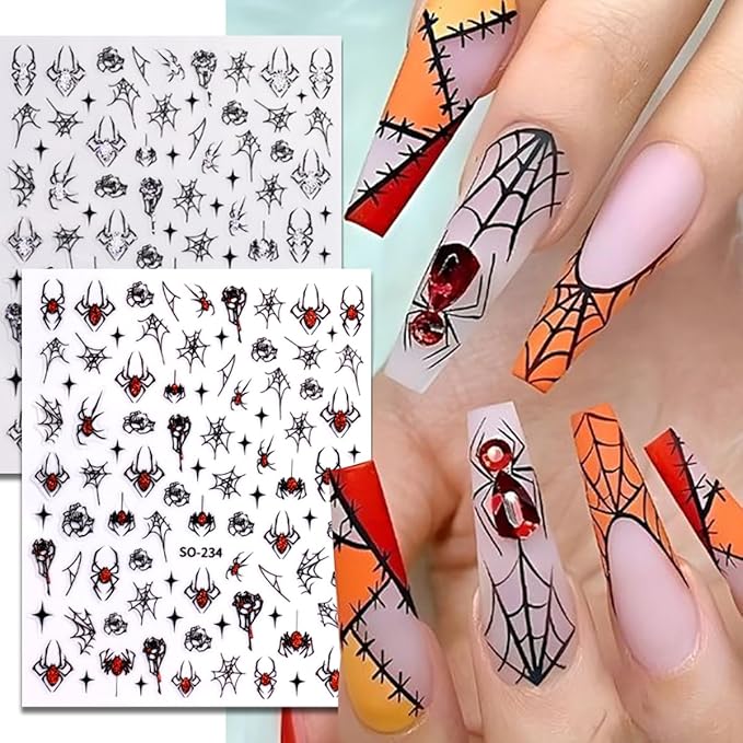4 Sheets Halloween Nail Art Stickers Decals 3D Self-Adhesive Ghost Skull Cherry Nail Decals Holographic Glitter Design Bat Water Drop Spider Web Nail Stickers Holiday Nail Decorations for Women