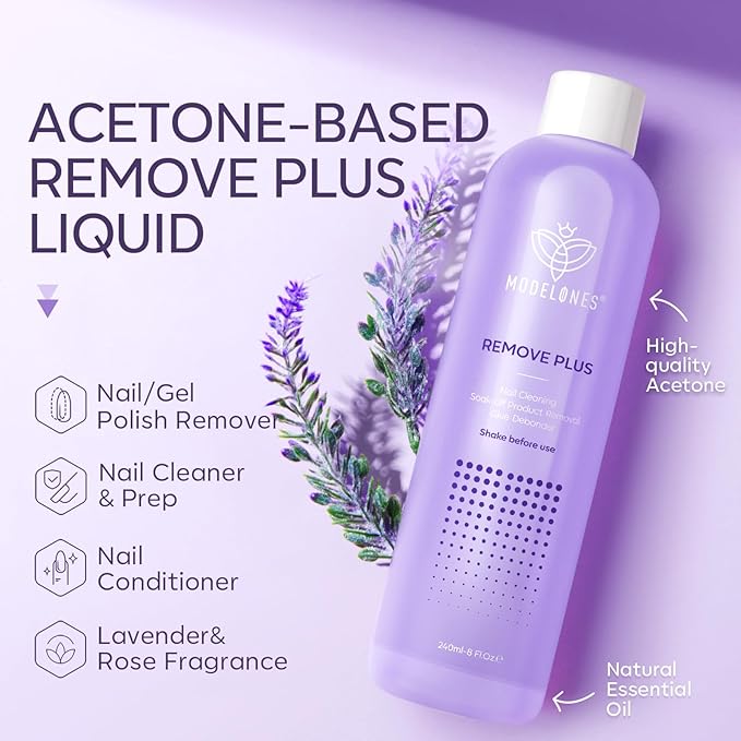 Modelones Acetone Nail Polish Remover, Gel Polish Remover with Jojoba Oil Gentle Professional Soak Off Removal for Press On Nails Glue Acrylic Dip Powder Nail Care Gift for Women 8 Fl Oz, Lavender