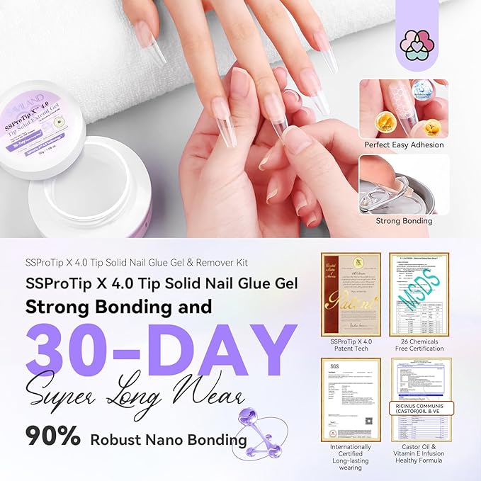 SAVILAND Nail Glue Gel & Nail Glue Remover: Quick Press on Nail Remover 30 g U V Nail Glue Solid Hard Gel for Nails with Cuticle Pusher and Manicure Tools Long Lasting Castor Oil VE Supplies Tech