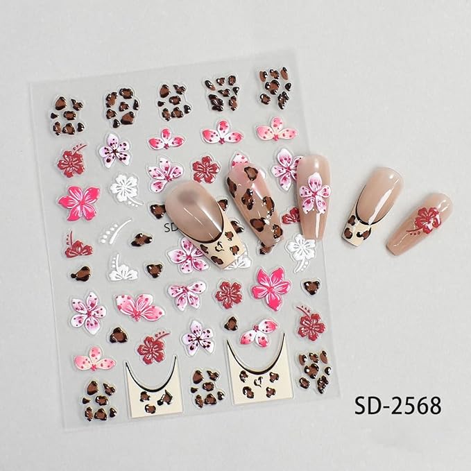 Fall Flowers Nail Art Stickers, Maillard Leopard Lily Nail Decals 3D Embossed with Sweet Cool Spicy Girl Style Design 8Pcs Nail Art Supplies for Women Nail Decoration