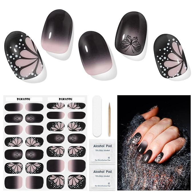 Semi Cured Gel Nail Strips, Dark Butterfly | 28 pcs Gel Nail Strips Work with Any UV Lamp, Salon Quality UV Nails Stickers, Easy to Apply for Home Nails DIY