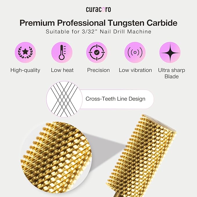Curacoro Nail Drill Bits 3/32'' - Safe Smooth Stop Large Barrel Carbide Bit (Medium) for Professional Finish, Fast Remove, Refine & Smooth Acrylic or Gel Nails, Nail Art Pedicure Manicure Salon & Home