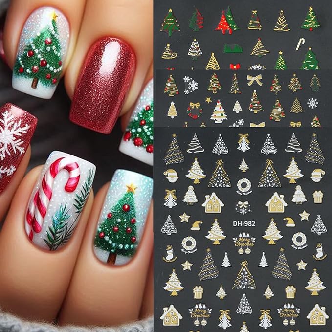 Christmas Nail Art Stickers Decals Xmas Tree Snowflake Nail Decals 3D Self-Adhesive Nail Art Supplies 6PCS Christmas Trees Bow Snowflakes Xmas Nails Design Manicure Sliders for Women Nail Decorations