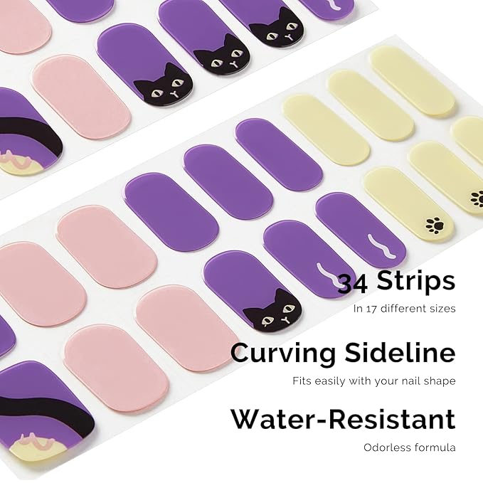 Nailog Semi Cured Gel Nail Strips 34 pcs | Long Lasting Nail Polish Sticker Wraps with Glossy Gel Finish (Black Cat)
