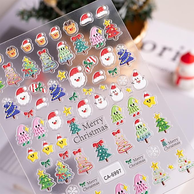 4 Sheets Christmas Nail Stickers for Nail Art, Cute Santa Claus Xmas Tree Christmas Nail Art Stickers 5D Embossed Snowmen Snowflake Design Winter Nail Decals for Women Holiday Manicure Decoration