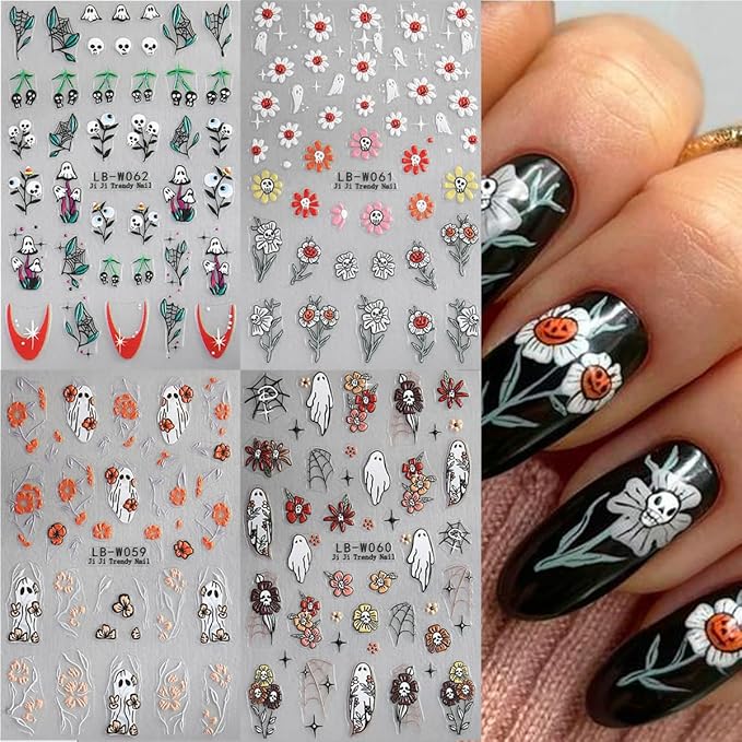 4 Sheets Cute Ghost Nail Art Stickers and Halloween French Flower Nail Decals Design 5D Self-Adhesive Brown Green Spider Web Nail Stickers Personalized Nail Art Supplies Stickers for DIY Manicure