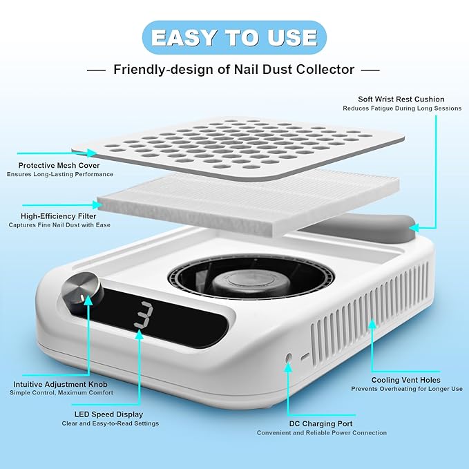 CGBE Dust Collector Nail Tech: 12000RPM Dust Collector Nail Tech with 3 Speed Suction Adjustment, Hand Pillow, 2 Reusable Filter, Nail Vacuum Dust Collector for Home & Salon (White)