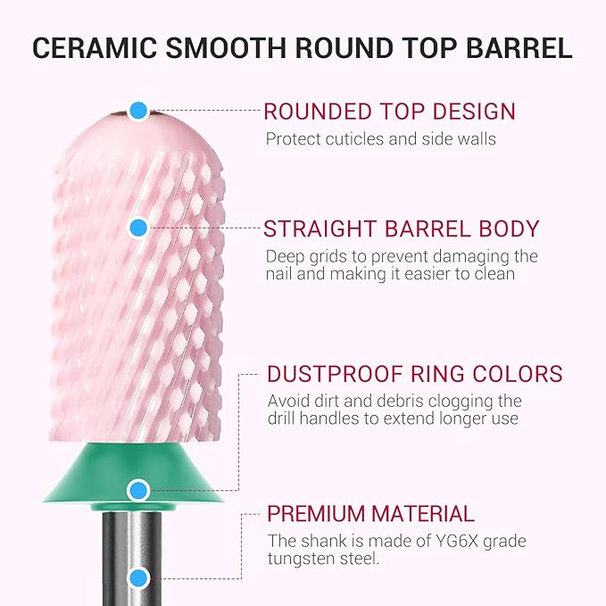 MelodySusie Ceramic Nail Drill Bit, 3/32'' Smooth Round Top Large Barrel Bits, Suitable for Manicure Pedicure Cuticle Gel Polishing, Beginners Bits, Pink, Series Bit-S, Coarse