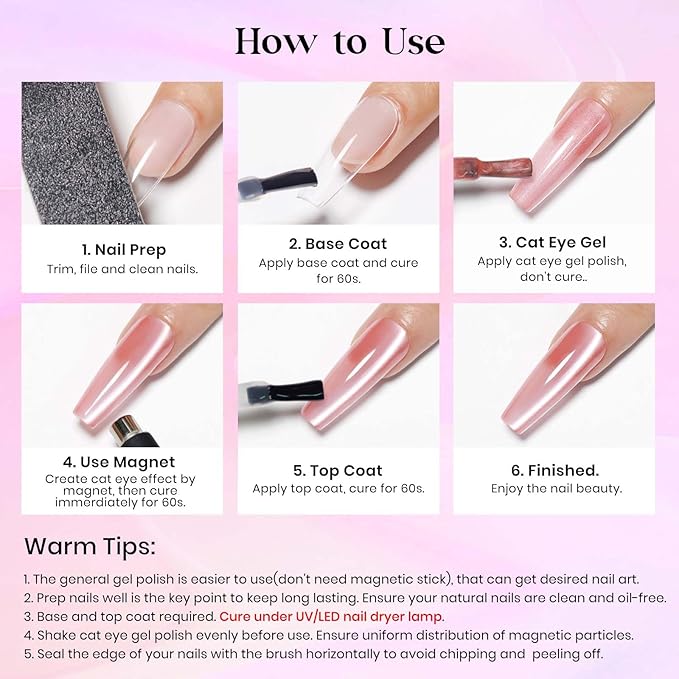MIZHSE Cat Eye Gel Nail Polish, Moonlight Magnetic Gel Polish and Sheer Nude Nail Kit with 1 Magnet Stick, Glass Shiny Effect Silver Pink Purple Soak Off Manicure Home DIY