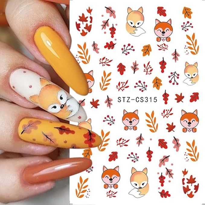 Fall Nail Art Stickers Autumn Maple Leaf Nail Decals 6PCS Maple Leaves Foxes Pumpkin Nails Design 3D Self-Adhesive Thanksgiving Day Nail Art Decorations Supplies Fall Stickers for Nails Manicure Decor