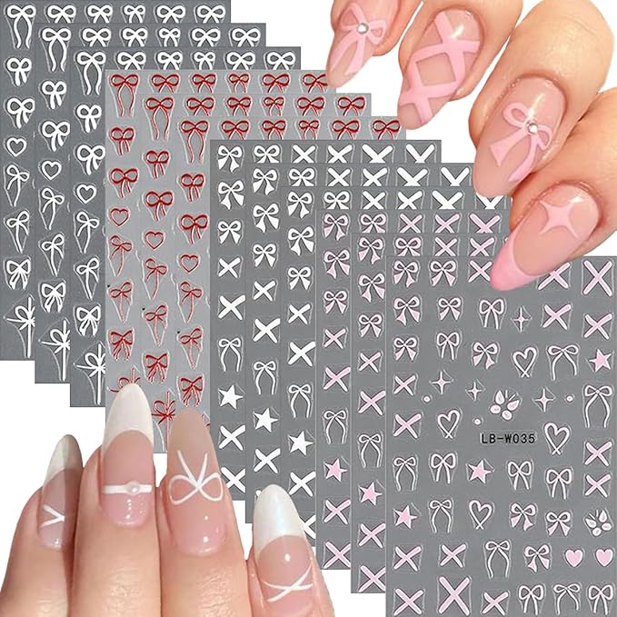 12 Sheets Bow Nail Stickers for Nail Art White Red Pink Bow Nail Decals 3D Self Adhesive Heart Nail Art Stickers Bow Nails Art Supplies for Women Girls