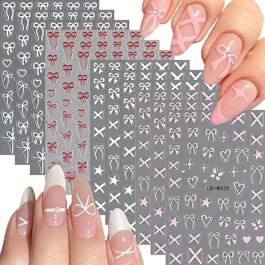 12 Sheets Bow Nail Stickers for Nail Art White Red Pink Bow Nail Decals 3D Self Adhesive Heart Nail Art Stickers Bow Nails Art Supplies for Women Girls