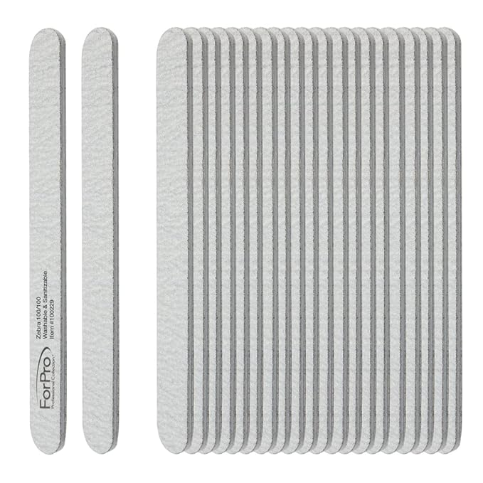 ForPro Professional Collection Zebra Foam Board, 100/100 Grit, Double-Sided Manicure Nail File, 7” L x .75” W 50-Count