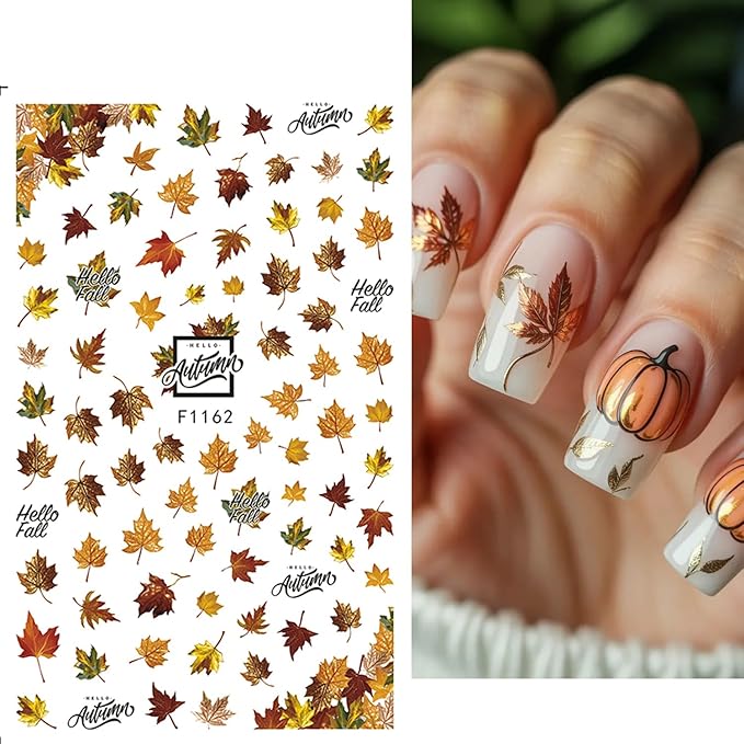6pcs/Set Fall Maple Leaf Flower Nail Stickers for Nail Art Autumn Pumpkin Self-Adhesive Nail Decal 3D Floral & Leaves Design Nail Accessories Slider Thanksgiving DIY Manicure Decoration for Women