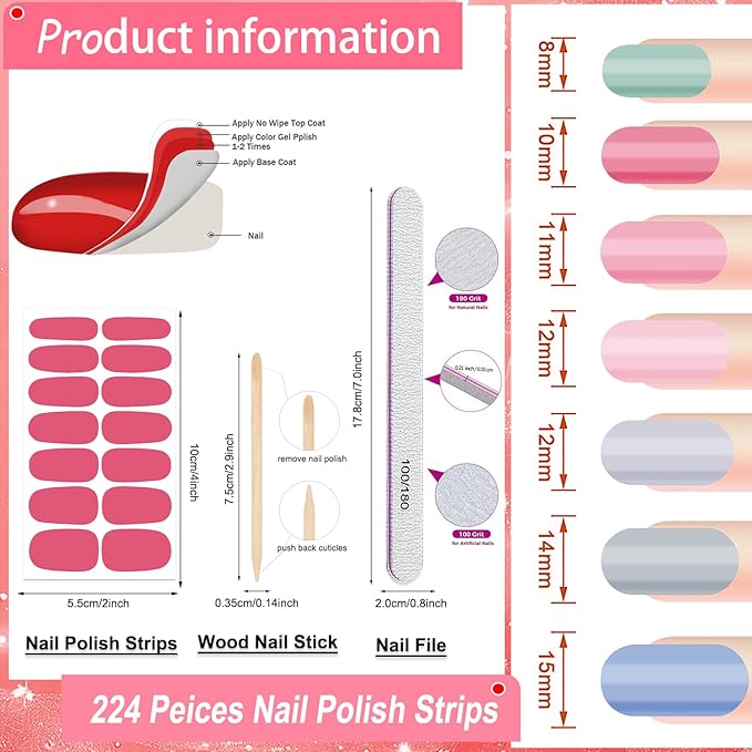 DANNEASY 224PCS/16 Sheets Nail Polish Strips - Dusky Solid, Gel Nail Stickers Full Nail Wraps, UV Free | Easy to Stick | Adhesive Sticker Nails for Women with 1 File, 1 Cuticle Stick