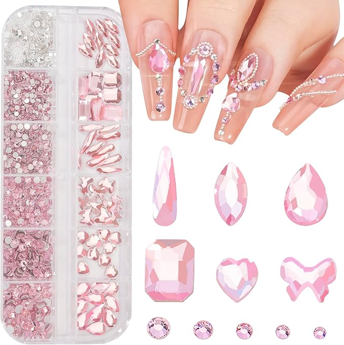 Multi Shapes Light Pink 3D Glass Crystal Nail Rhinestones Kit Mix 0.8mm Silver Nail Round Beads Charm Flatback Gems 5 Grids Flatback Rhinestones Stone Diamond for Manicure Makeup DIY Decoration