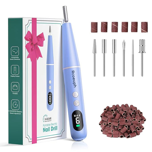 Cordless Nail Drill Kit - 9 Speed Wireless Electric Nail File with LED Display, Portable Nail Drill Machine for Acrylic Gel Nails, Rechargeable 20000RPM Hand Feet Grind Trim Tool for Women Men Baby