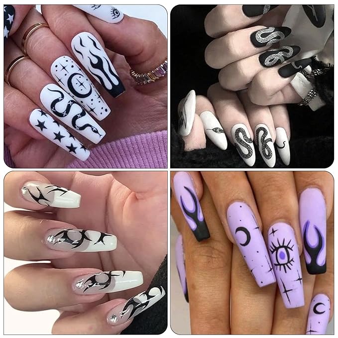 Gothic Nail Art Stickers - Halloween Black Snake Skull Fire Self-Adhesive 3D Nail Decals for DIY Punk Horror Manicure (5 Sheets)