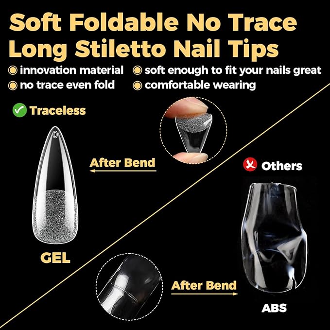 UNA GELLA Halloween Long Stiletto Gel Nail Tips, 600Pcs Pre Etched Long Stiletto Almond Nail Tips Clear Fake Nails Press on Nails No C Curve for DIY Art Salon at Home 12 Sizes