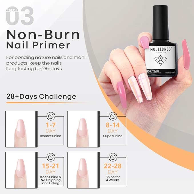 modelones Gel Top Coat and Base Coat With Nail Primer, 3 Pcs No Wipe Clear Base and Top Coat Nail Bonder Primer Super Shiny Gel Polish Home DIY Manicure 10 ml