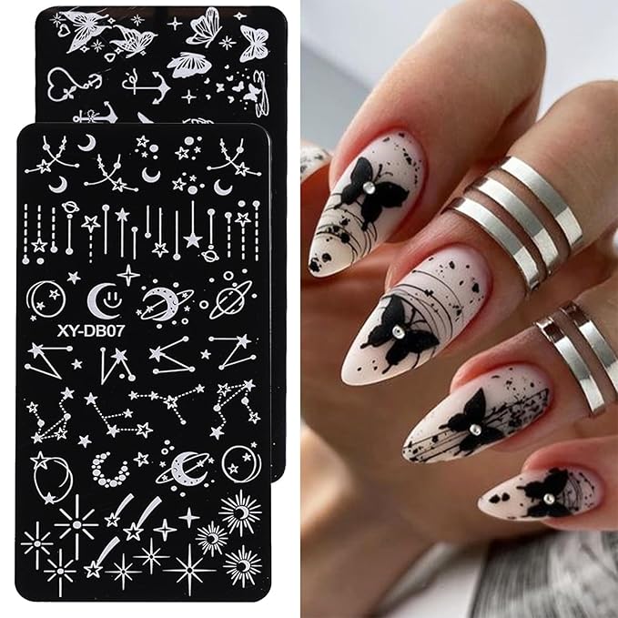 AddFavor Nail Stamping Plate Kit with Nail Stamp and Scraper, 5pcs Star Butterfly Geometric Nail Stamper Kit for Home Salon Manicure Polish Print Stencils Design Tools