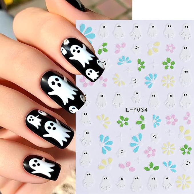 3Sheets Halloween Nail Art Stickers 3D Self-Adhesive Skeleton Hand Bones Nail Decals for Acrylic Nails Cute Ghost Flowers Designs Nail Stickers Pumpkin Bat Nail Decal for Women Nails Decor Supplies