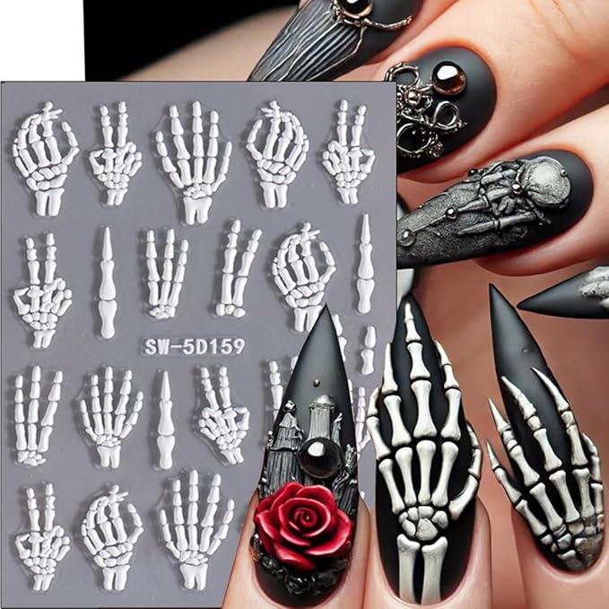 2 Sheets Halloween White Skeleton Bones Nail Art Stickers 5D Embossed Finger Skull Nail Stickers Design Self-Adhesive Skeleton Fingers Nail Decals for Women DIY Halloween Party Nails Decorations