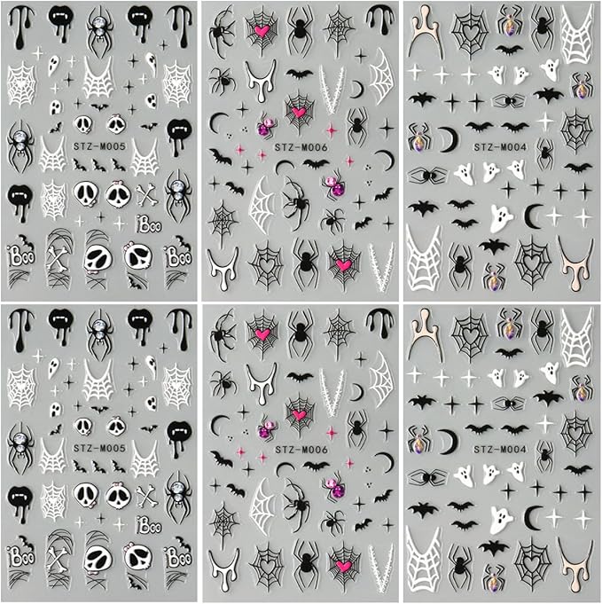6pcs/Set Halloween Ghost 3D Nail Sticker Pink Heart Spider Web Black Stars Moon Love Spider Skull Cartoon Nail Art Stickers Designs French Manicure DIY Cute Holiday Nail Art Decoration Charms