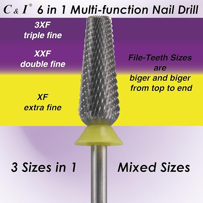 C & I Nail Drill Bit 6 in 1 Multi-function Rounded End E File, Tungsten Steel CNC Overall Cutting, Manicure Tool for Nail Tech Quick Remove Nail Gels, Acrylic Nails (Original, Extra Fine -XF)
