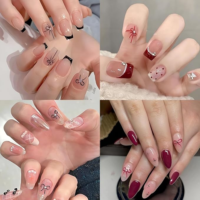 4 Sheets Bow Nail Stickers, 5D Embossed White Black Red, DIY Acrylic Nails, Bow Nail Supplies for Women