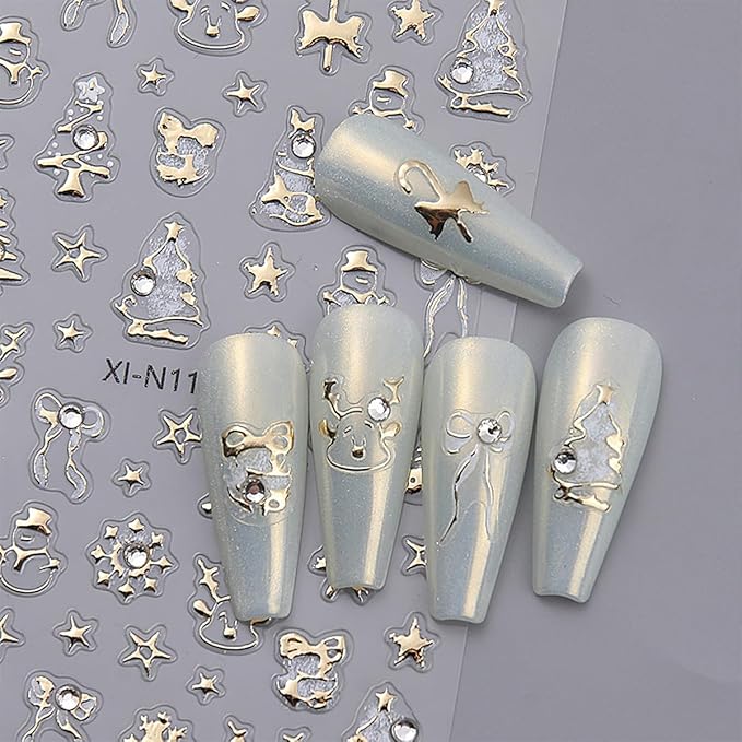 2 Sheets Christmas 5D Embossed Nail Art Stickers Gold Silver Xmas Trees Elk Star Snowman Decals with Glitter Rhinestones Design Winter Holiday Stickers for Women DIY Nails